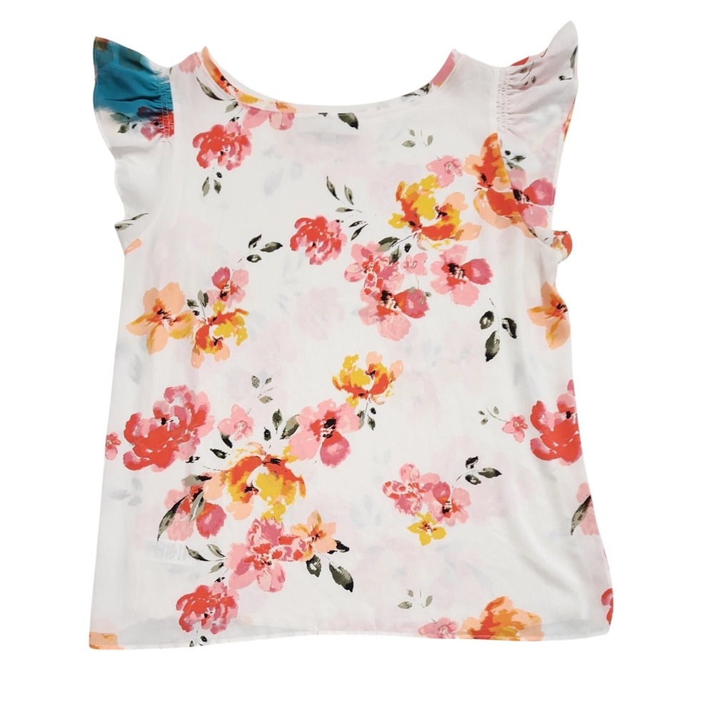 LOFT Floral Flutter Sleeve Blouse White Pink Orange Mixed Media Top Women Medium